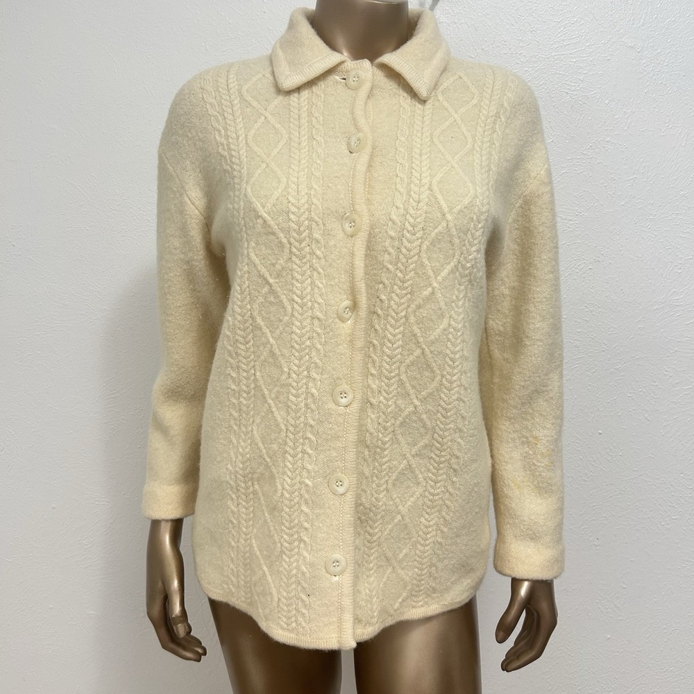 Vintage 90s Lizsport Cardigan Sweater Butter Yellow 100% Wool Cable Knit M READ